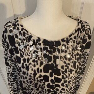 Joseph A. Cardigan Sweater Women XL Black Cheetah Print Embellished Button-up